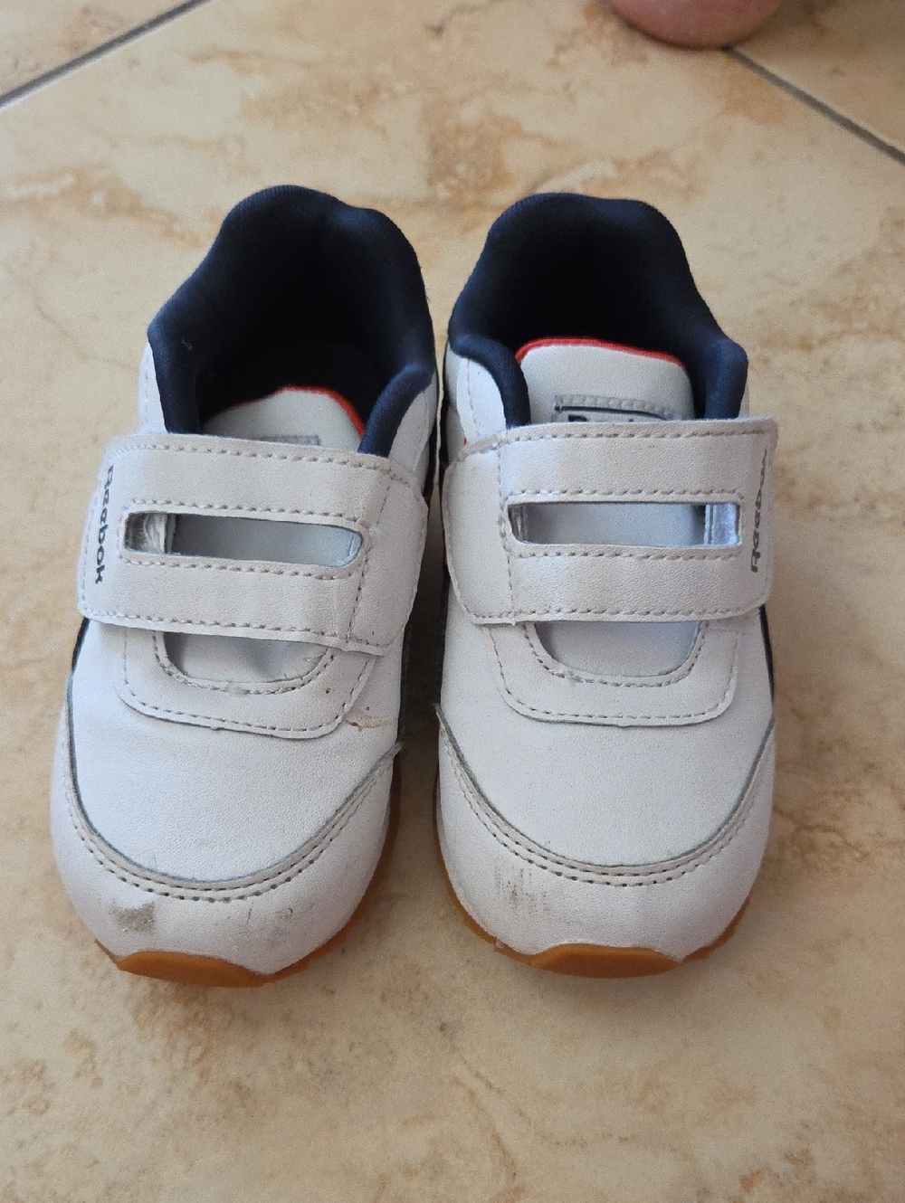 Reebok White and Navy Kids Velcro Sneakers with Gum Sole